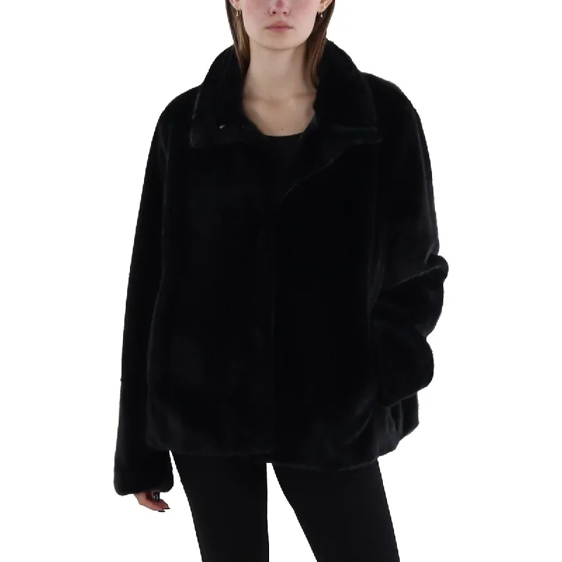 Womens Faux Fur Cold Weather Faux Fur Coat Embroidered Appliqued Beaded