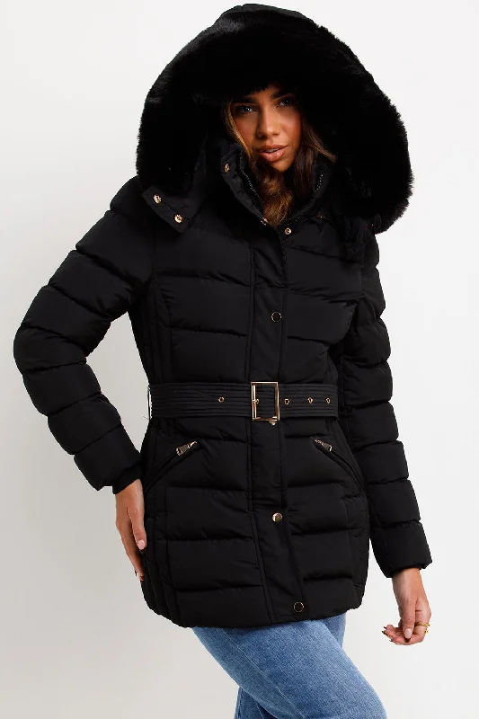 Black Puffer Coat With Faux Fur Hood And Belt Front Pockets Side Pockets Patch Pockets
