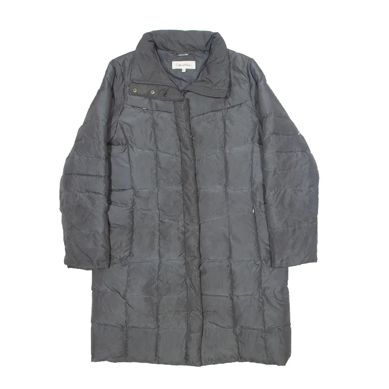 CALVIN KLEIN Down Insulated Long Puffer Coat Grey Womens M Jersey Tulle Batik