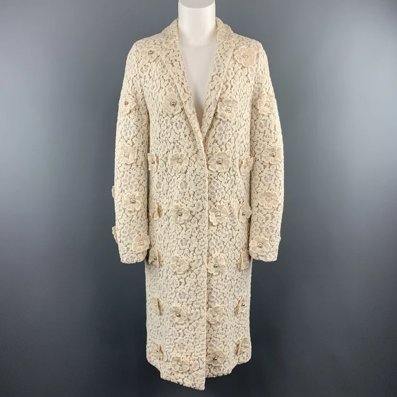 CHLOE Size 4 Cream Lace Faux Pearl Flower Notch Lapel Evening Coat Buttoned Zippered Snapped