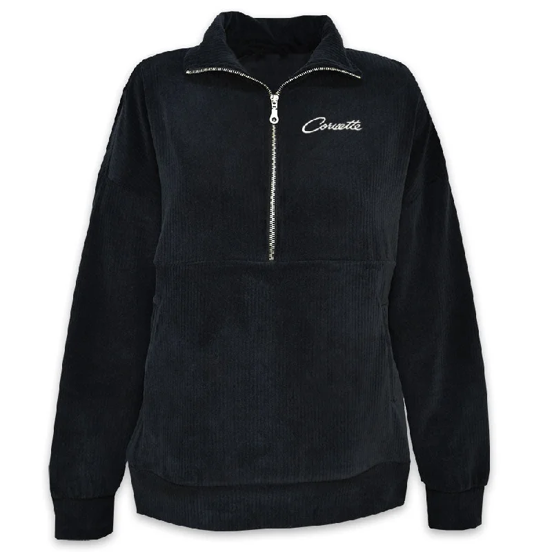 Corvette Ladies' Corded Half-Zip Black Pullover Ruffled Neck Pullover