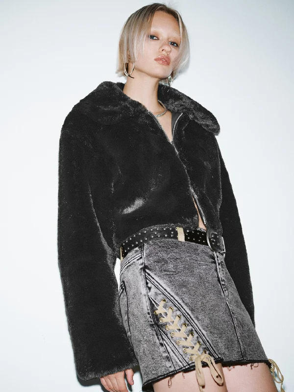 Cropped Fur Coats Solid Print Jacquard
