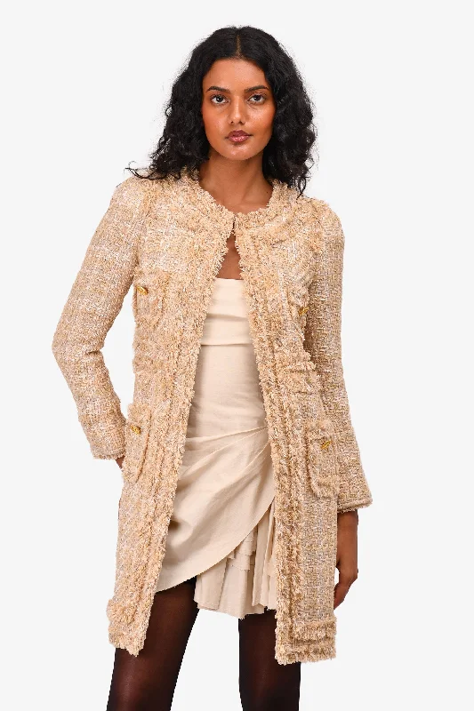 Edward Achour Paris Beige Tweed Fringe Detail Coat Size 34 Rayon Velvet Corduroy