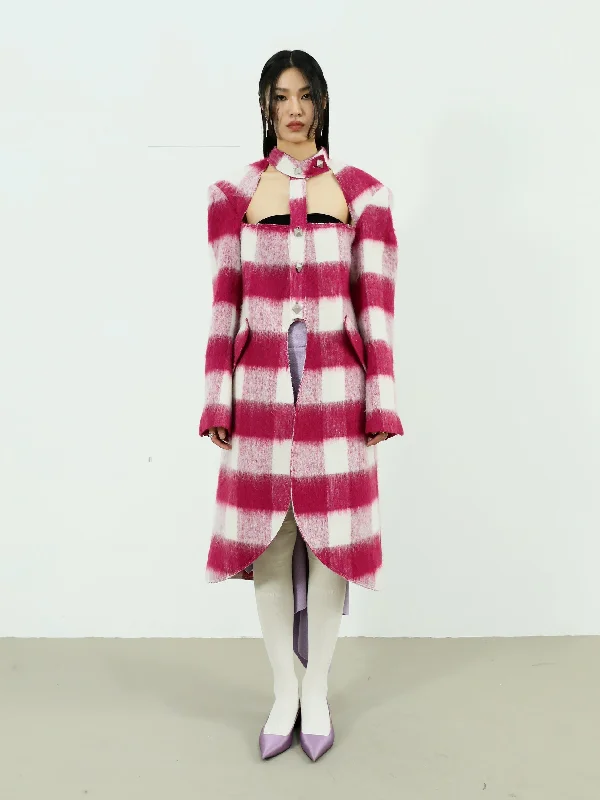 Elegant Plaid Woolen Coat Hook-and-Loop Buckled Tied