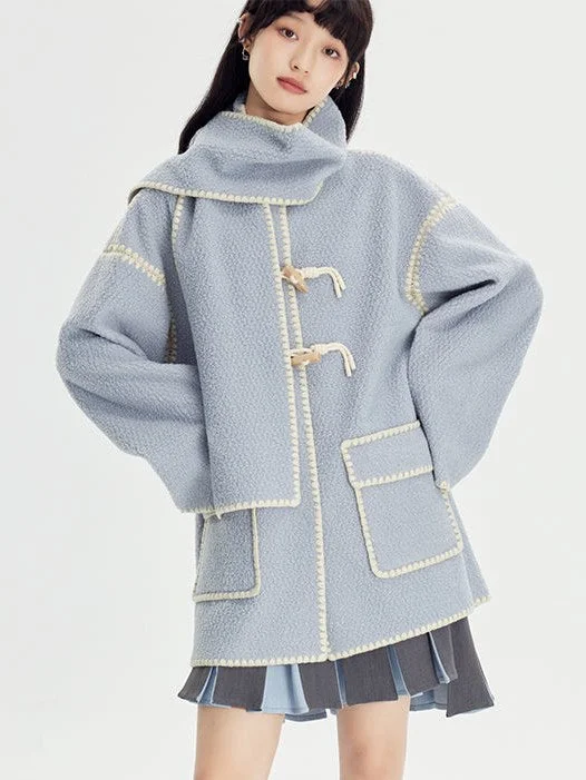 Embroidered Lamb Wool Shell Coat Boat Shawl Notched