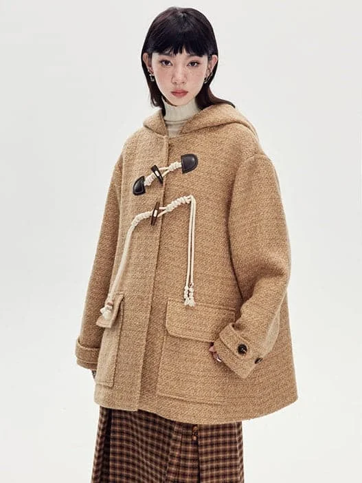 Horn Buckle Wool Coat With Hood Blazer Duffle Coat Pea Coat
