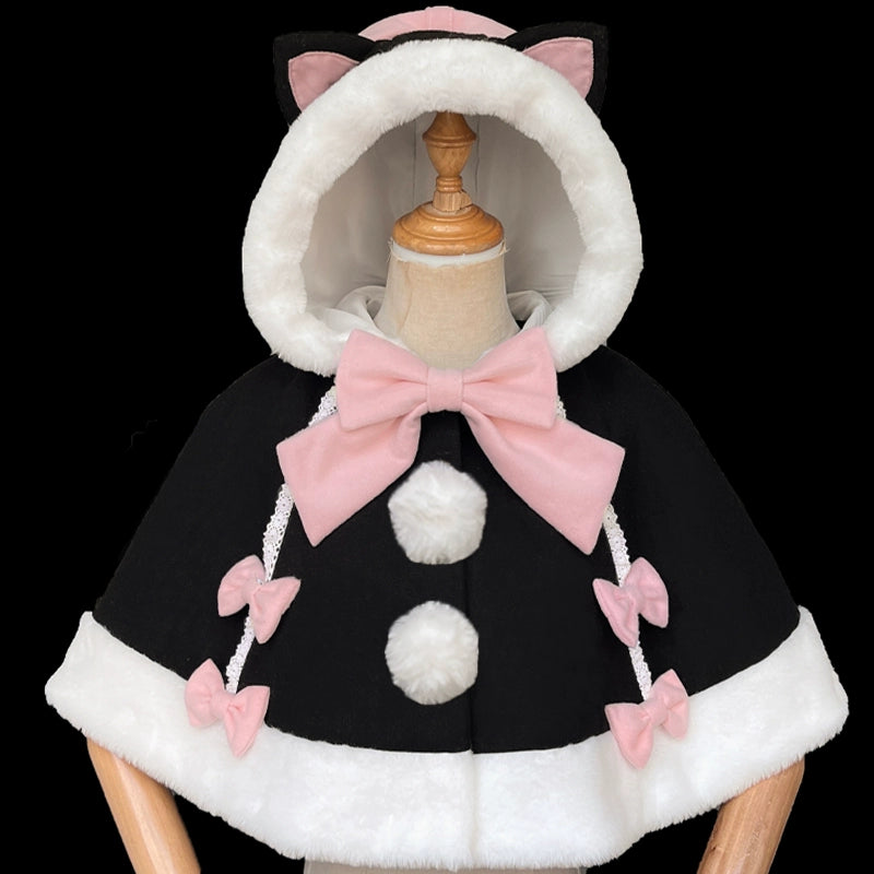 ZhiJinYuan~Kawaii Lolita Cape Winter Lolita Cat Rabbit Ear Coat Elasticated Drawstring Belted