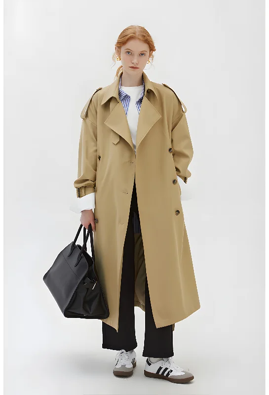 Khaki Double-Breasted Trench Coat Front Pockets Side Pockets Patch Pockets