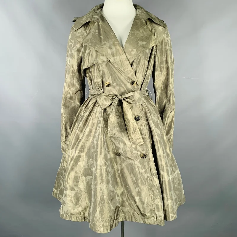 LANVIN 2011 Size 10 Green Olive Polyester Silk Marbled Double Breasted Trench Coat Cardigan Sweater Pullover
