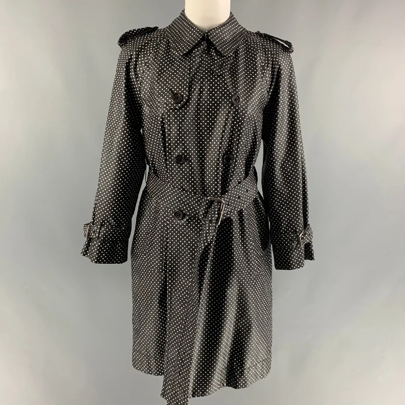 MARC JACOBS Size 4 Black & White Silk Blend Polka Dot Belted Trench Coat Vent Hem Cuff