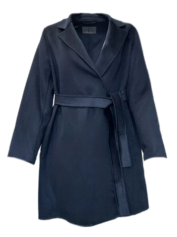 Marina Rinaldi Women's Navy Tevere Wool Lapel Collar Belted Coat NWT Chenille Brocade Lace