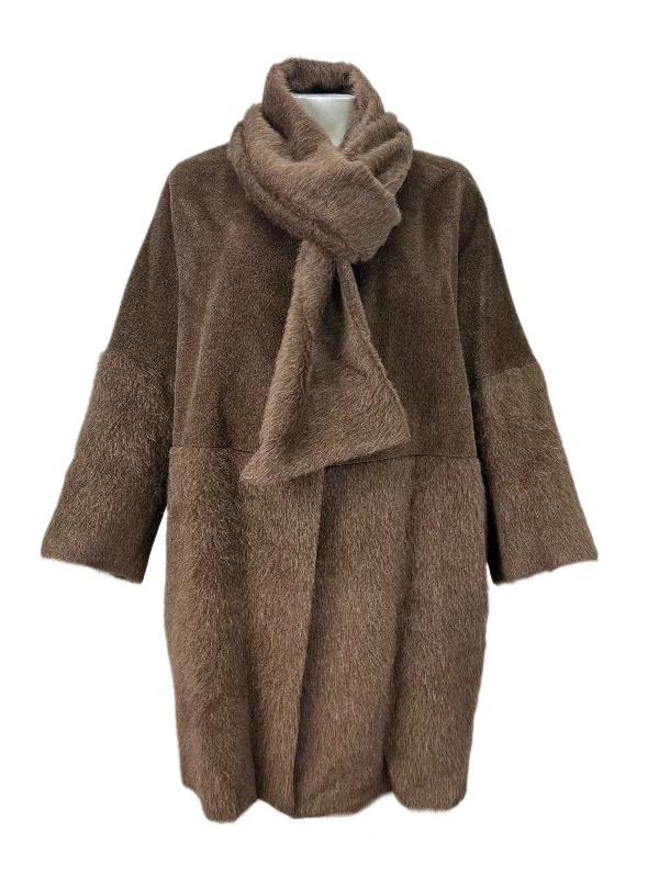 Marina Rinaldi Women's Brown Torre Insulated Scarf Coat NWT Asymmetrical Collar Hooded Zippered