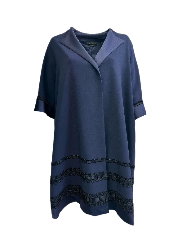 Marina Rinaldi Women's Navy Tulipano Embroidered Coat NWT Elasticated Drawstring Belted