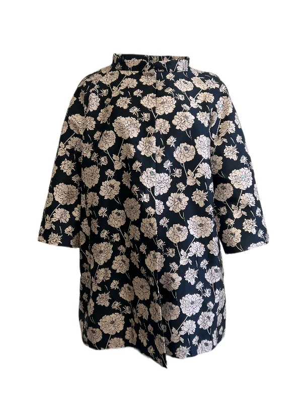 Marina Rinaldi Women's Nero Tarsia Floral Printed Duster Coat Size 20W/29 Blazer Duffle Coat Pea Coat