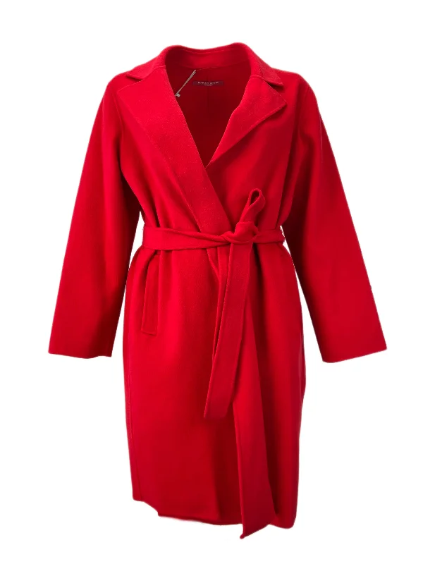 Marina Rinaldi Women's Red Tabor Belted Wool Wrap Coat NWT Print Jacquard Embroidered
