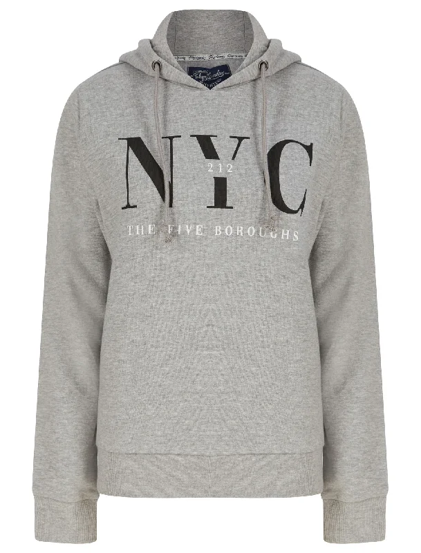 NYC Borough Motif Brushback Fleece Pullover Hoodie in Light Grey Marl - Tokyo Laundry One Shoulder Top