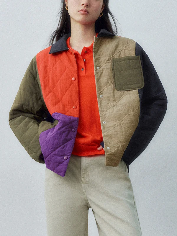 Patchwork Press Button Padded Coats Knit Woven Fleece