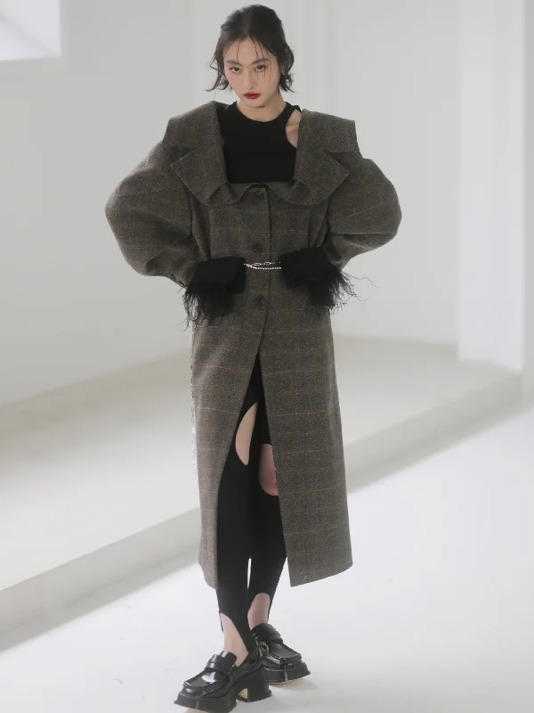 Plaid Wool Long Coat With 3D Generous Collar Pleated Ruffled tiered