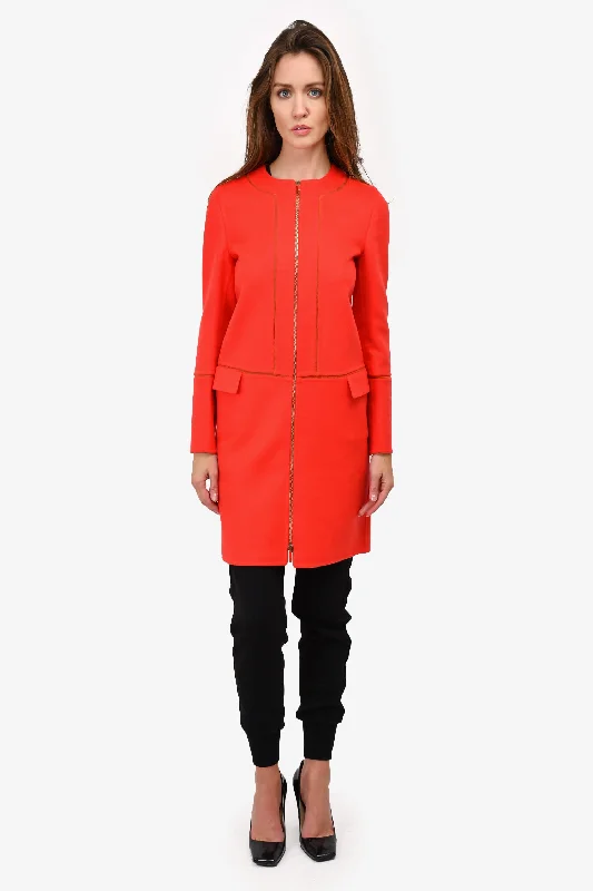 Salvatore Ferragamo Red Wool/Cashmere Zip Up Coat Size 38 Boat Neck Jacket Square Neck Jacket One-Shoulder Jacket