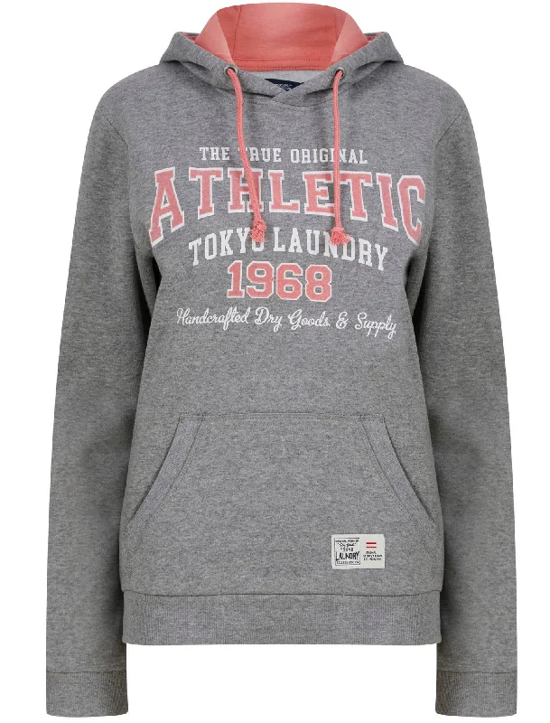 Shanya Flocked Motif Brushback Fleece Pullover Hoodie in Mid Grey Marl - Tokyo Laundry Scalloped Neck Pullover