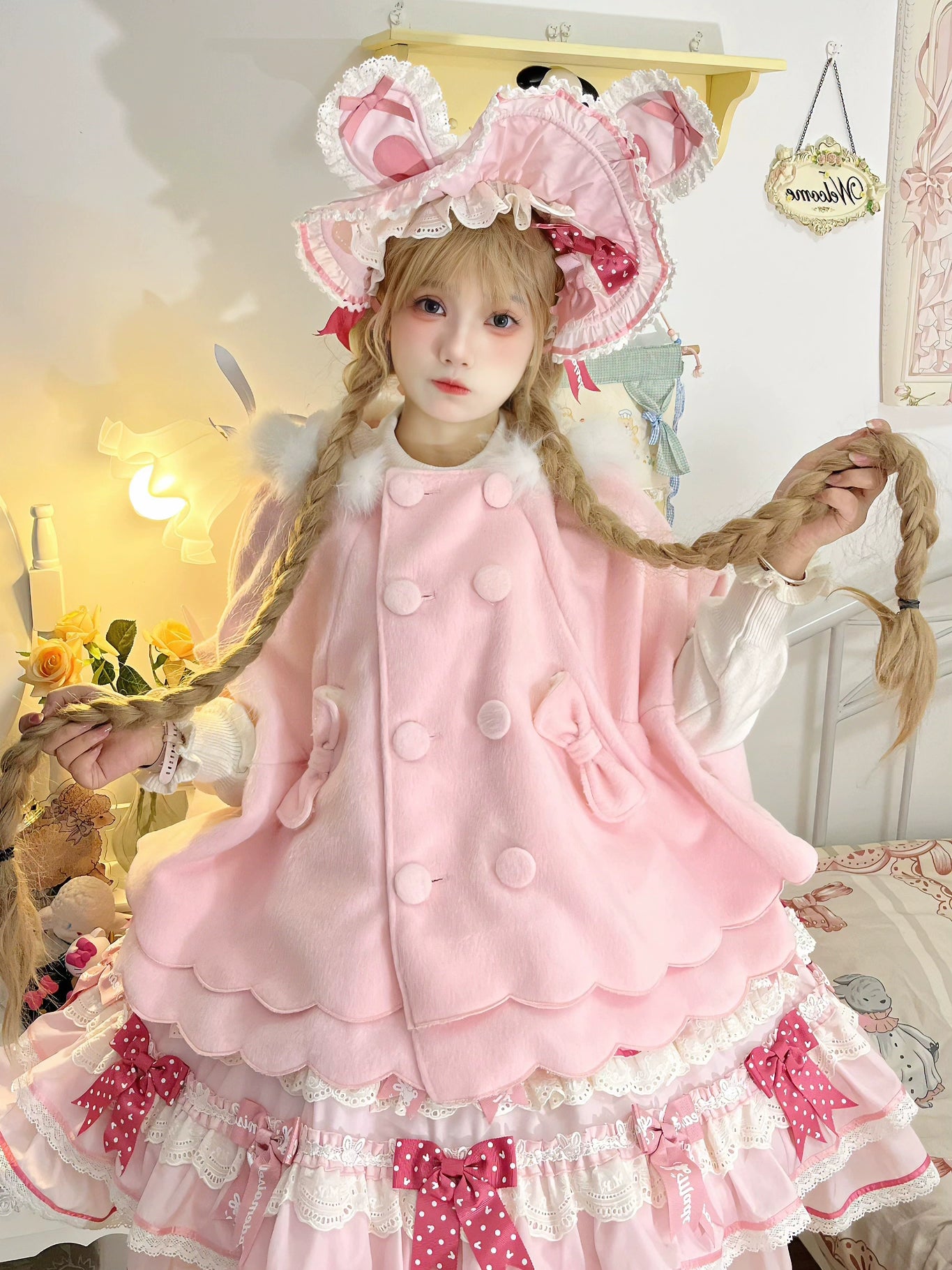 Yayizi~Sweet Lolita Cape Winter Plush Lolita Coat Sequined Lace Ribbed