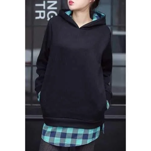 Stylish Hooded Long Sleeve Plaid Spliced Women's Pullover Hoodie - Blue 3xl Bolero Style Sweater