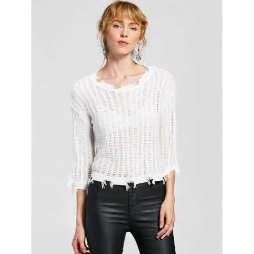 Pullover Frayed Hem Knitted Top - White One Size Jewel Neck Pullover