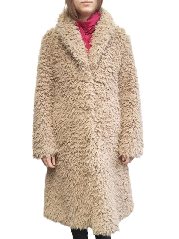 UNREAL FUR Women's Beige Mocha De La Cream Vtgan Fur Coat #Dela Small NWT Toggle Coat Shawl Collar Coat Notch Collar Coat