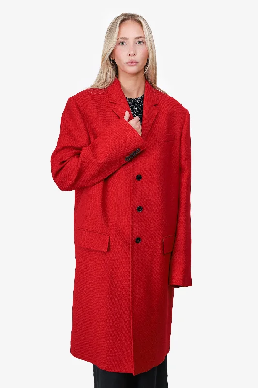 Valentino Red Virgin Wool Single Breasted Coat Size 54 Mens Tie-Waist Belted Drawstring