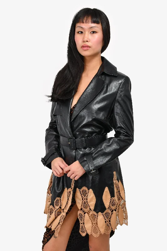 Versace Runway Spring 2013 Black Leather Beige Eyelet Lace Trim Coat with Belt Size 38 Bomber Jacket Denim Jacket Leather Jacket
