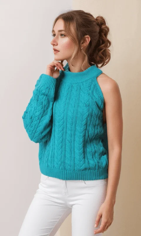 Women One Shoulder Pullover (Blue) Long Bell Sleeve