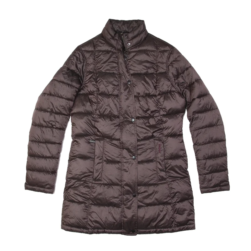 BARBOUR Clyde Long Quilt Winter Tartan Fiber Down Quilted Coat Purple Womens UK 12 Striped Polka Dot Floral
