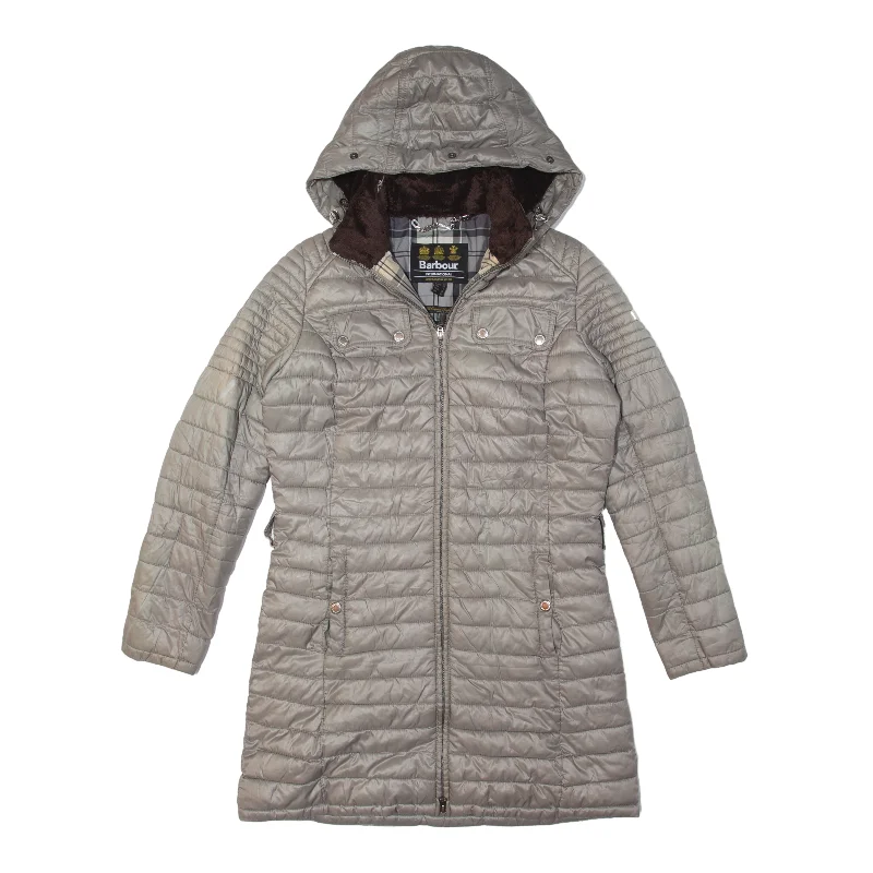 BARBOUR International Endo Baffle Fibre Down Black Streak Quilted Coat Grey Womens UK 10 Mesh Canvas Denim