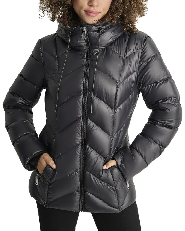 Dkny Short Down Filled Packable Coat Hooded Caped Scarf