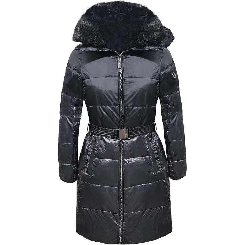 Michael Michael Kors Women's Black 3/4 Down Puffer Coat with Black Faux Fur Trim Bodycon Sheath Shift