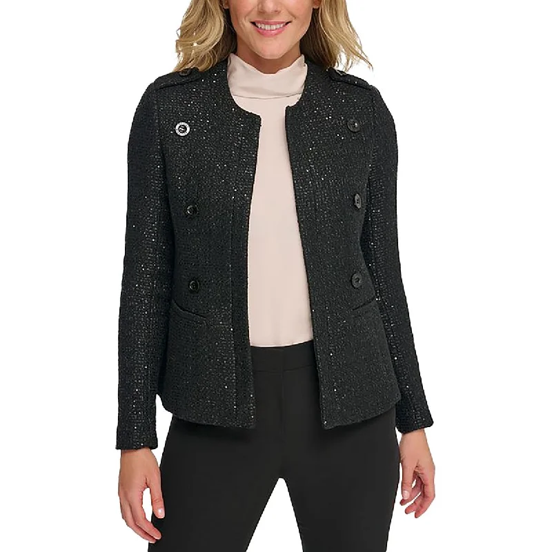 Womens Sequined Open Front Wool Coat Anorak Windbreaker Fleece