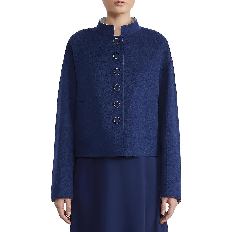 Womens Band Collar Warm Wool Coat Striped Polka Dot Solid