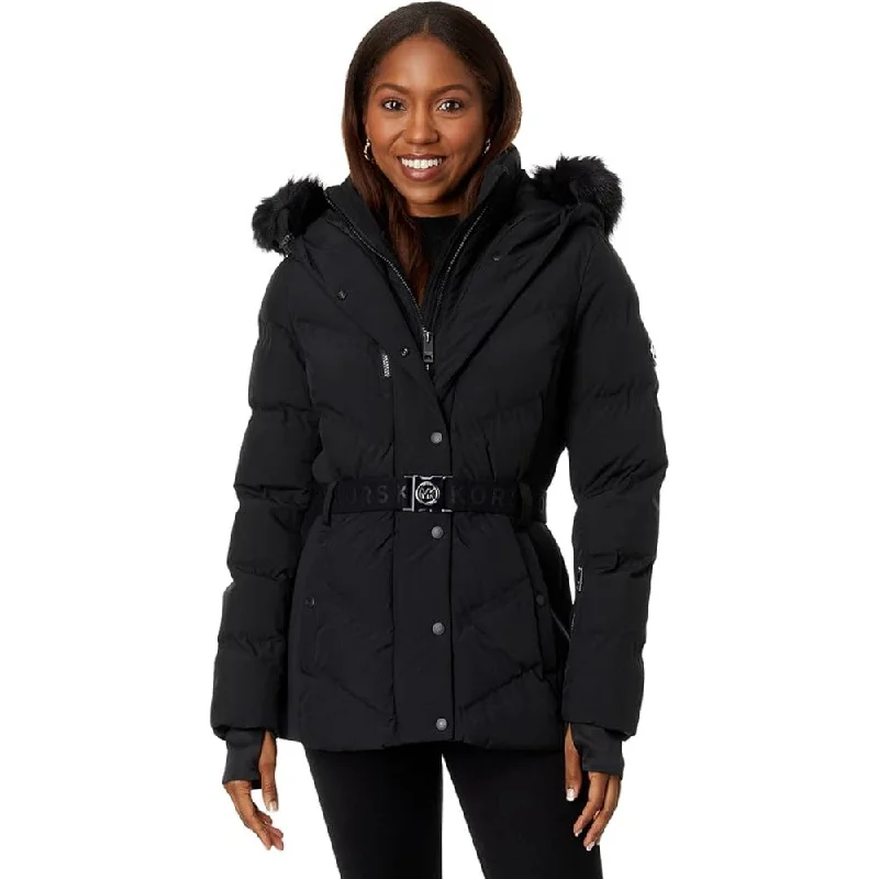 Michael Michael Kors Women's Belted Chevron Scuba Coat, Black Asymmetrical Diagonal princess
