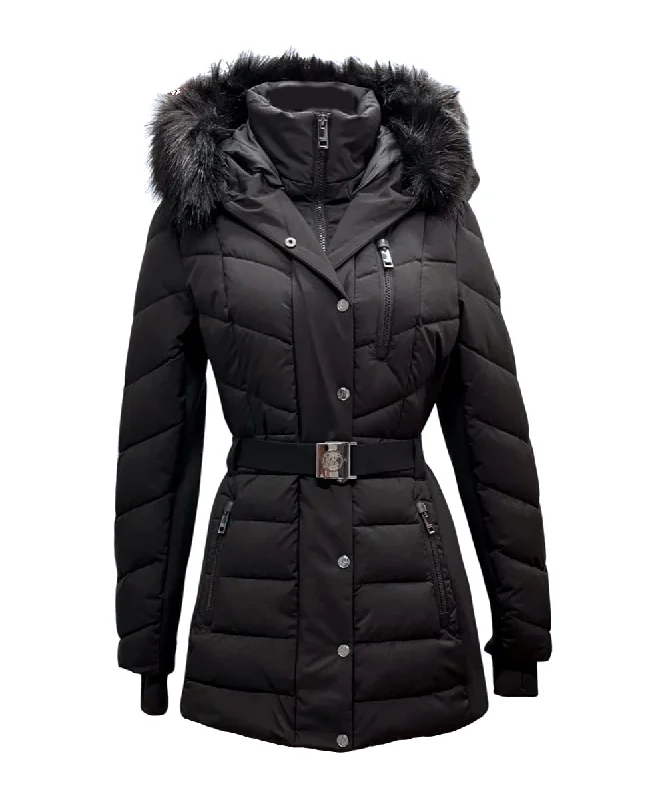 Michael Michael Kors Women's Belted Chevron Scuba Stretch Quilted Coat, Black empire Basque Peplum
