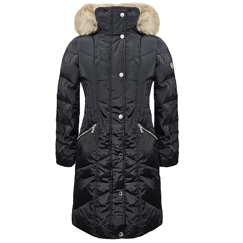 Michael Michael Kors Women's Chevron 3/4 Down Puffer Coat, Black Hooded Caped Scarf
