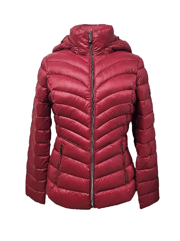 Michael Michael Kors Women's Lightweight Down Packable Coat, Red Three-Quarter Sleeve Elbow Sleeve Wrist Sleeve