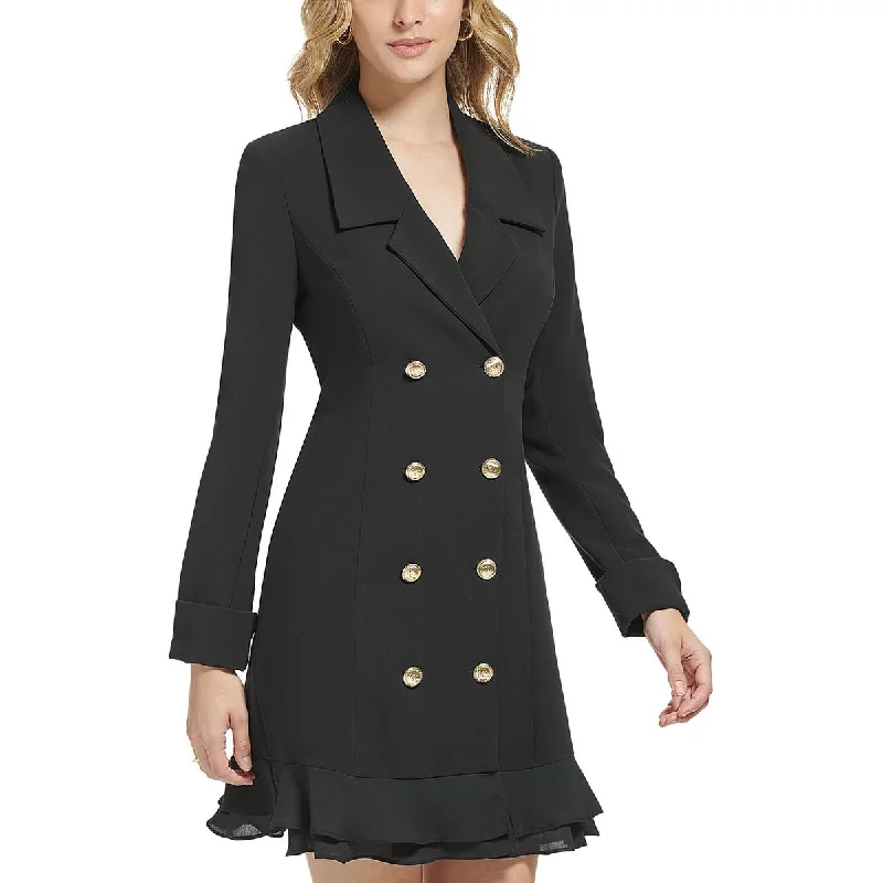 Womens Ruffled Hem Collared Pea Coat Suede Faux Fur Shearling