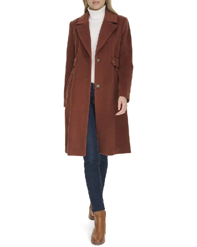 Cole Haan Notch Lapel Slick Wool-Blend Coat Fleece Down Feather