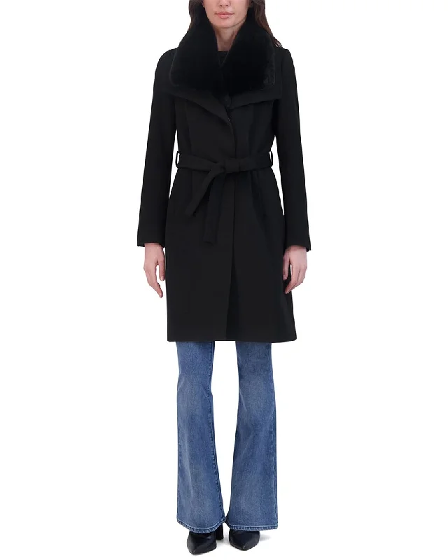 Tahari Wool-Blend Wrap Coat Faux Fur Real Fur Shearling