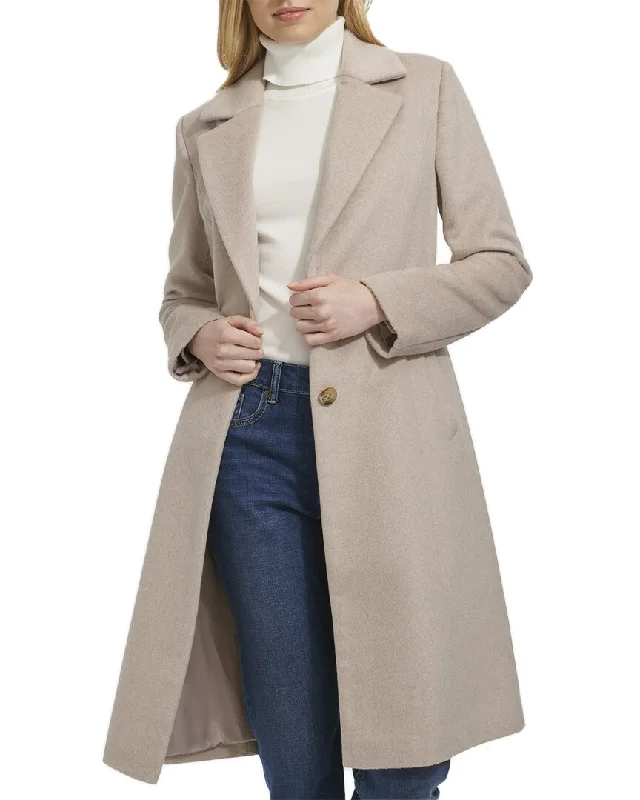 Cole Haan Notch Lapel Slick Wool-Blend Coat Denim Leather Suede