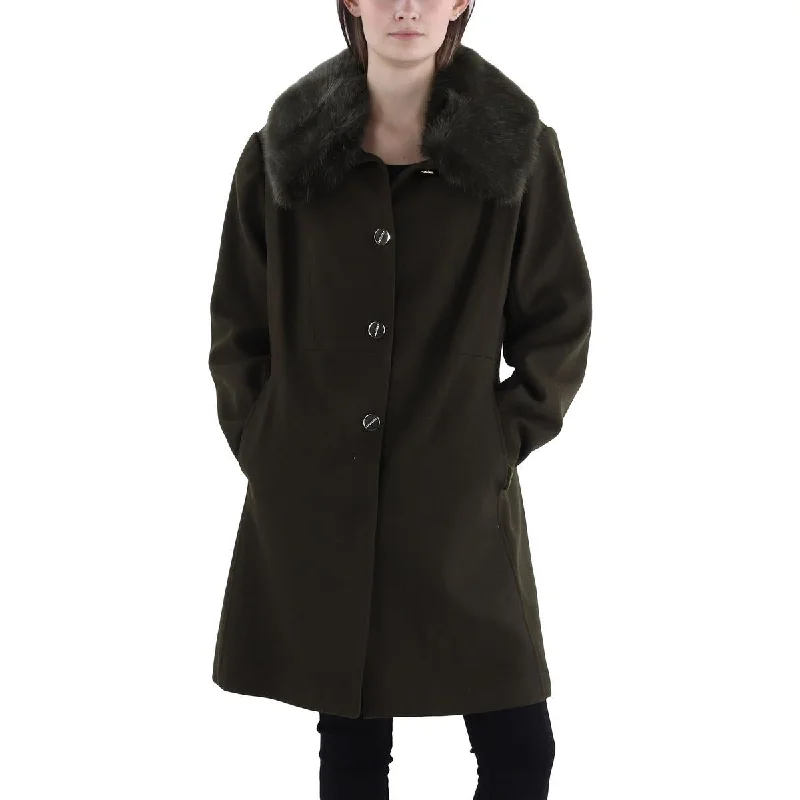 Womens Faux Fur Trim Long Walker Coat Vent Hem Cuff