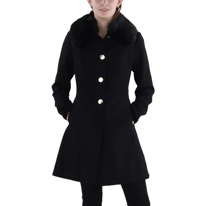 Womens Wool Blend Faux Fur Trim Wool Coat Crew Neck V-Neck Boat Neck