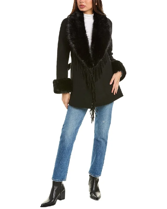 Stella + Lorenzo Fringe Wool-Blend Coat Shawl Collar Notch Collar Lapel Collar