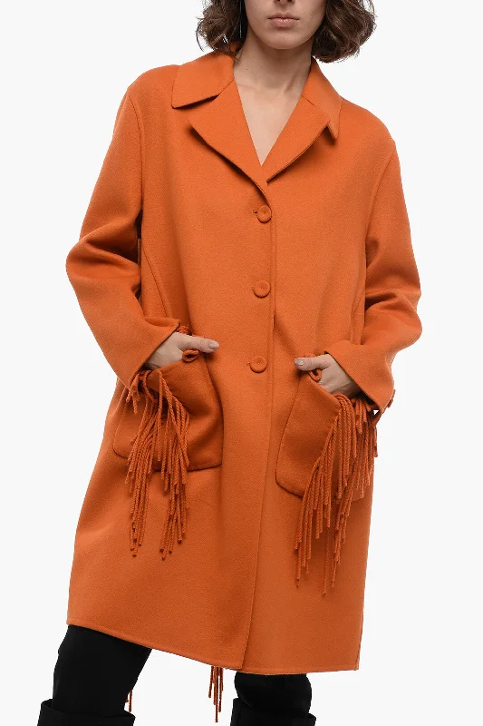 Ermanno Scervino Wool Coat with Fringed Detail 40 Italian size Boat Neck Jacket Square Neck Jacket One-Shoulder Jacket