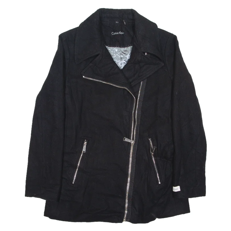 CALVIN KLEIN Pea Coat Black Wool Womens M Parka Anorak Hoodie
